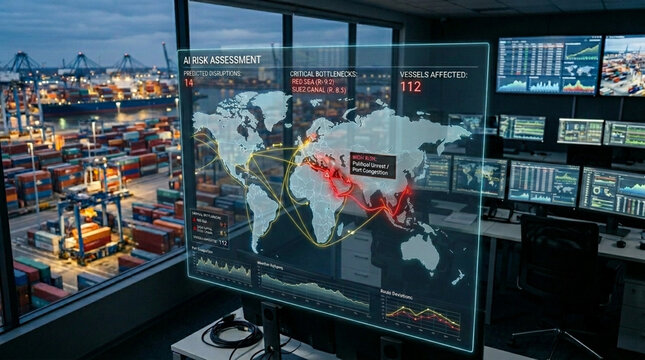 Futuristic holographic display shows AI logistics risk assessment with global shipping routes.