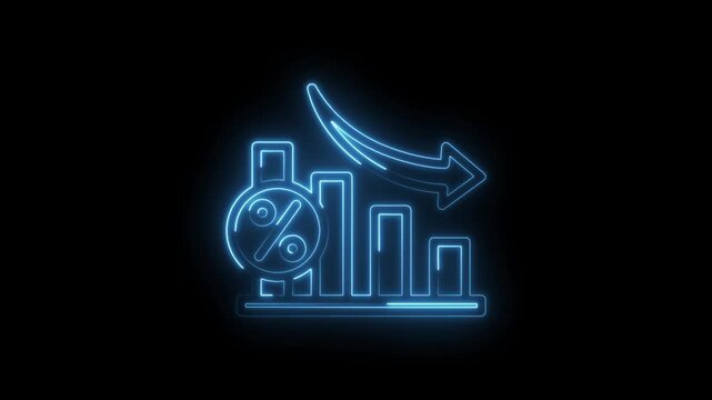 Neon blue glowing financial graph with descending arrow and percentage symbol on black icon