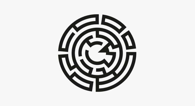 Circular black and white maze pattern for strategy concepts.