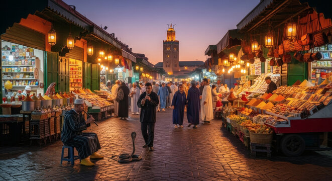 Mercado movimentado em Marraquexe ao entardecer, com barracas iluminadas e a Mesquita Koutoubia ao fundo.