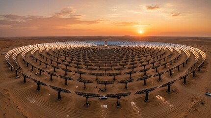 Fototapeta premium Vast desert solar farm at sunset, renewable energy power plant, sustainable electricity generation, clean power technology, environmental conservation.