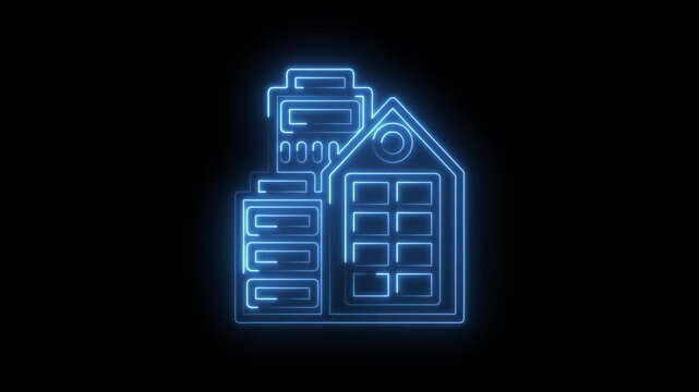 Neon blue outline of abstract building complex glowing on icon black background futuristic