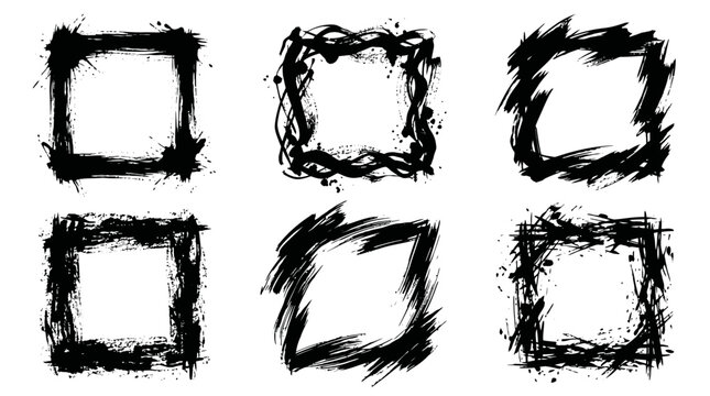 Set of black grunge square frames with textured ink strokes