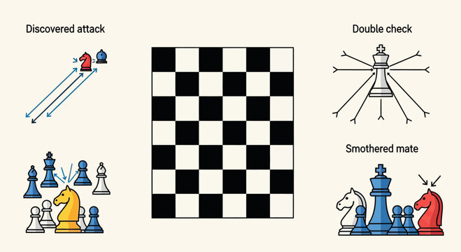 Chess strategy diagrams for discovered attack and smothered mate.