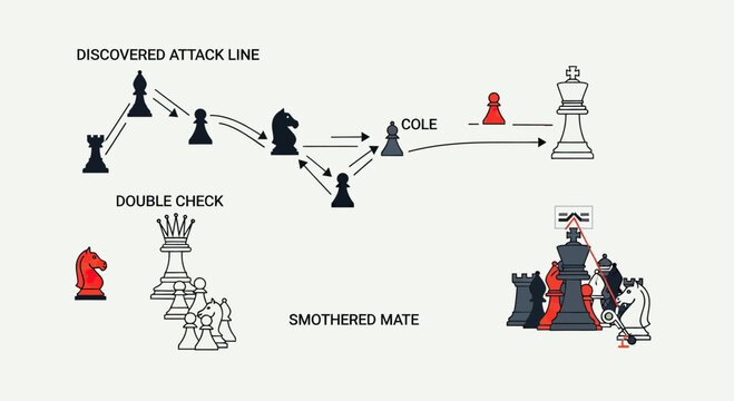 Chess tactic diagram illustrating attack lines and checkmate.