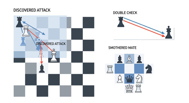Chessboard tactical diagrams for double check and smothered mate.