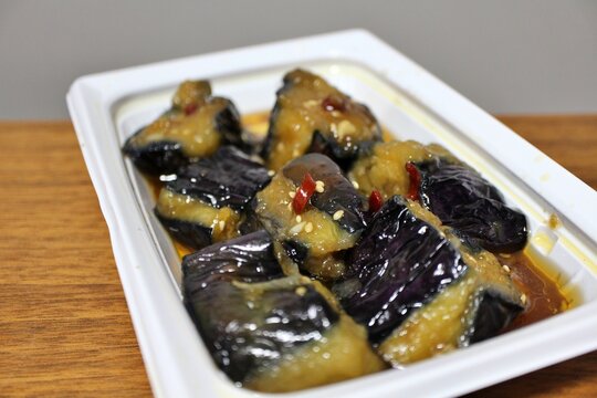 Yurin nasu (fried eggplant in yurin sauce) purchased at a supermarket in Tokyo, Japan