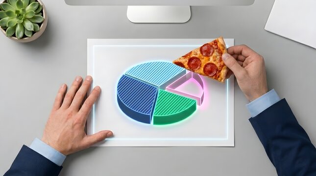 Hand taking real pizza slice from digital pie chart on paper representing business market share strategy