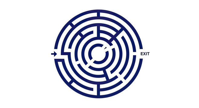 Circular blue maze with entrance and exit markers.