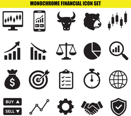 Obraz premium Monochrome financial icon set containing various business objects and elements on transparent background.