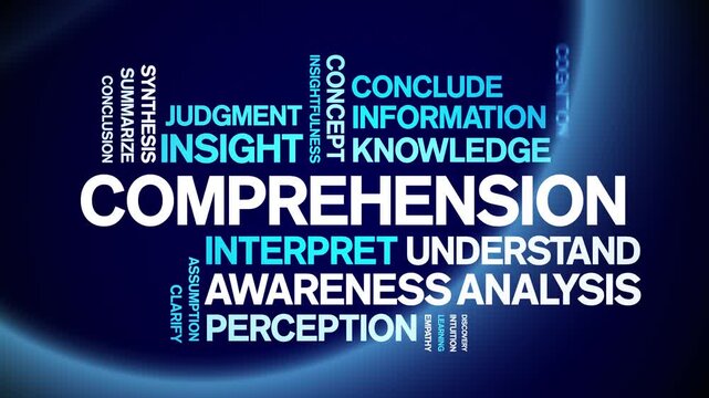 Comprehension animated word cloud-text design animation tag kinetic typography seamless loop.