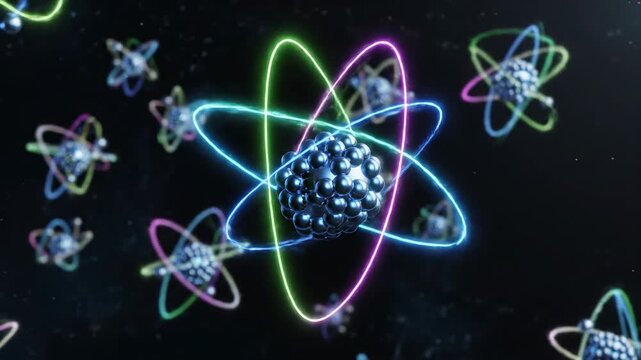 Abstract atom models orbiting in dark space with glowing neon rings and particles