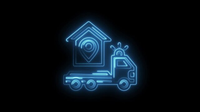 Blue neon outline of a tow truck carrying a house with a location pin inside on a black... icon
