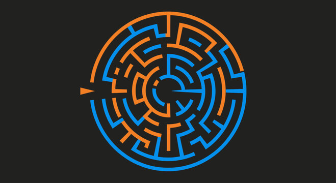 Circular blue and orange maze on dark background