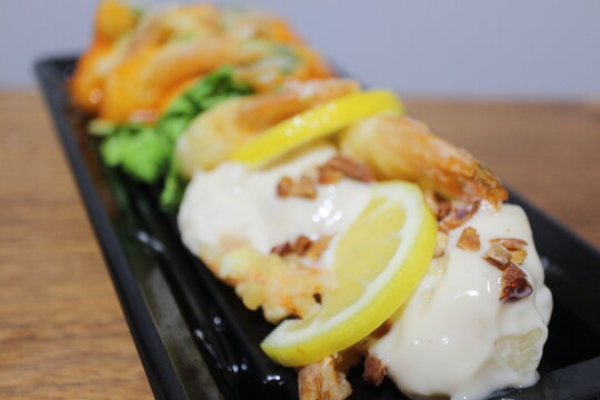 Ebi mayo (fried shrimp with mayonnaise sauce) purchased at a supermarket in Tokyo, Japan