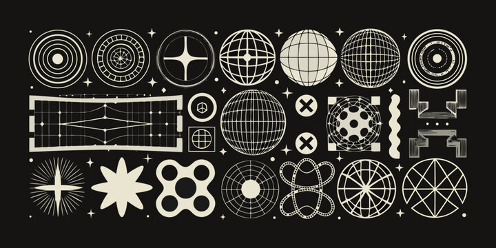 Geometric shapes and spheres a vector illustration on black background