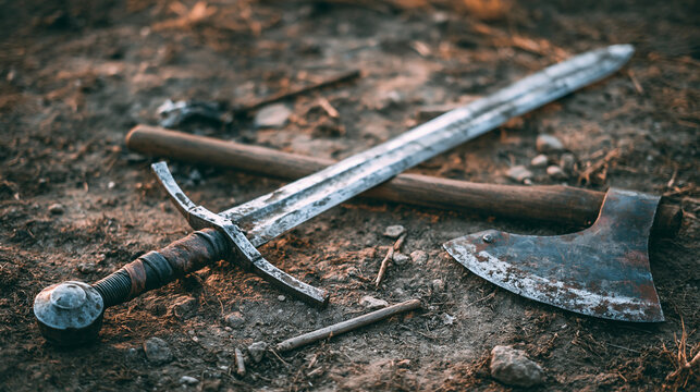 speciation. Medieval sword and axe crossed on a ground, dirt and minimal debris, dramatic side lighting. event programs, museum guides, designed for cultural heritage projects and event programs.