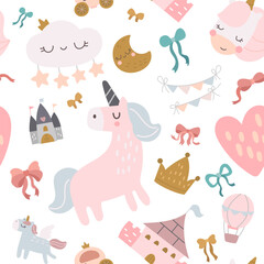 Naklejka premium Fairytale seamless pattern set featuring unicorn castle ribbon crown balloon heart bow wing flower carriage nursery fantasy magic wallpaper textile