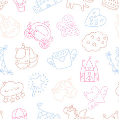Naklejka premium Fairytale seamless pattern set featuring unicorn carriage castle cloud balloon crown winged heart butterfly flower moon outline sketch nursery fantasy