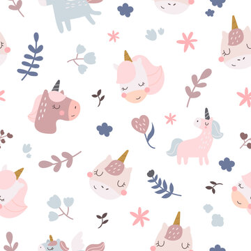Fairytale seamless pattern set featuring unicorn blossom branch flora leaf flower heart twig garden nursery fantasy magic botanical wallpaper repeat