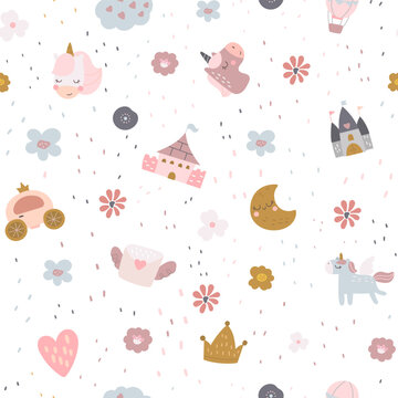 Fairytale seamless pattern set featuring unicorn castle flower moon crown cloud heart blossom star dot nursery fantasy magic wallpaper textile
