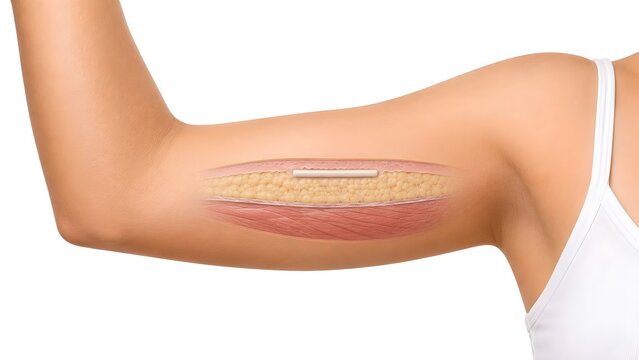 Hormonal Contraceptive Implant in Upper Arm Subdermal Tissue, Realistic Medical Anatomy Cutaway Illustration on White Background