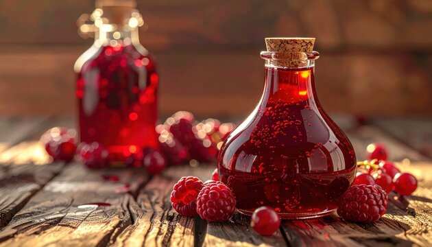 Raspberry jam in glass bottles with fresh raspberries on wooden table.
