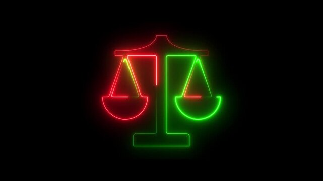 Glowing neon balance scale icon concept. law animation transition masks animation.