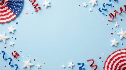 Fototapeta premium Patriotic Fourth of July border with paper fans, stars and festive streamers, colorful holiday background featuring generous copy space for Independence Day promotionsIndependence Day celebration