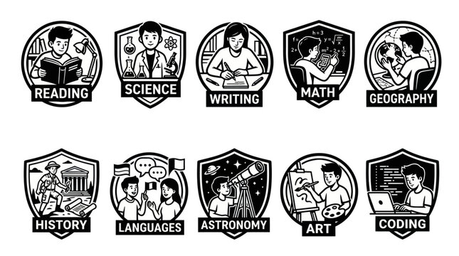 School Subjects and Academic Education Shield Badges Set