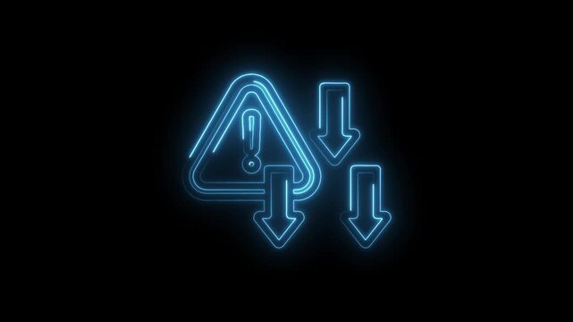 Neon warning sign with exclamation mark and downward arrows glowing blue on icon black background