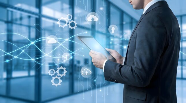 Executive leveraging advanced digital solutions and data visualization for business innovation