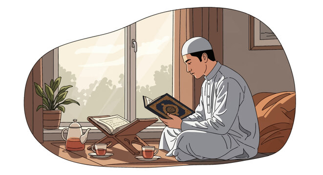 Vector illustration of a Muslim man in white thobe and kufi sitting by a window, reading the holy Quran on a wooden rehal stand, featuring tea service and indoor plant.