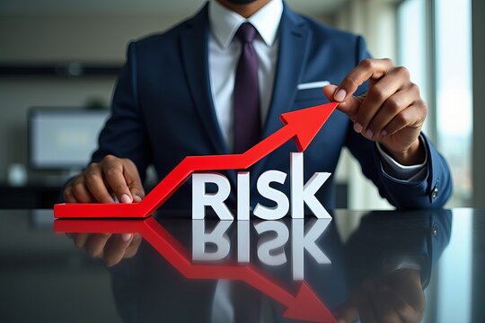African American Businessman Managing Business Risks with Red Diminishing Arrow on Reflective Desk
