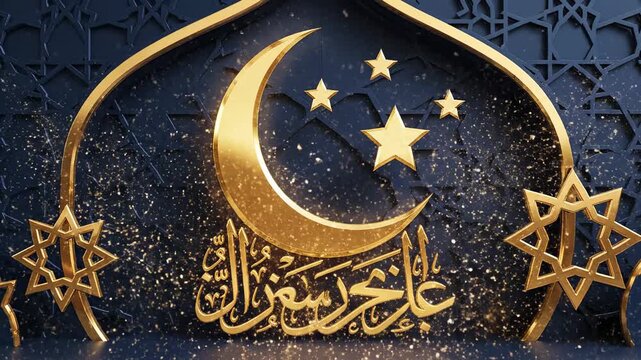 Golden crescent moon and stars illuminated against a dark, ornate Islamic geometric pattern backdrop with shimmering gold particles, suitable for Ramadan greetings and festive celebrations.