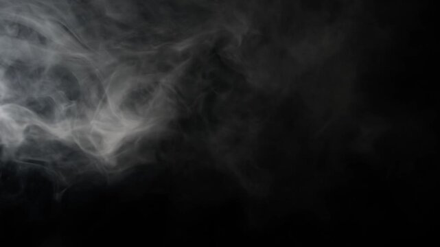 Cinematic white smoke drifting on black background, ethereal vapor clouds moving in dark space, mysterious fog texture for overlay and video transitions