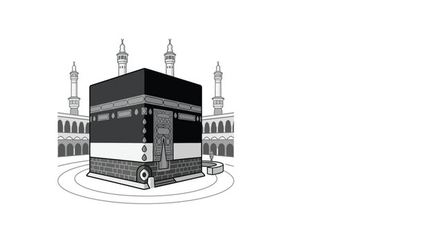 A detailed black and white line art illustration of the sacred Kaaba in Mecca.