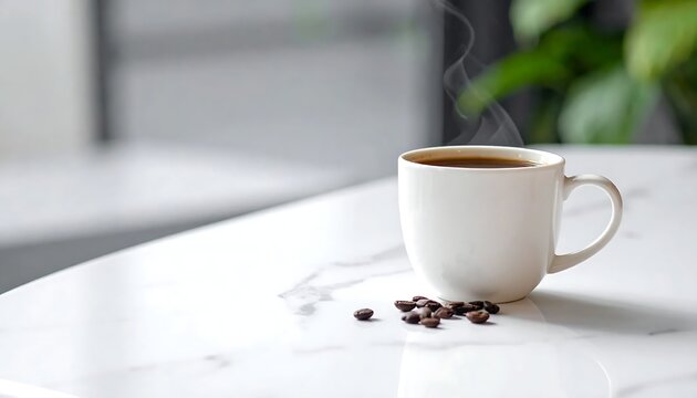 White ceramic coffee cup on table.