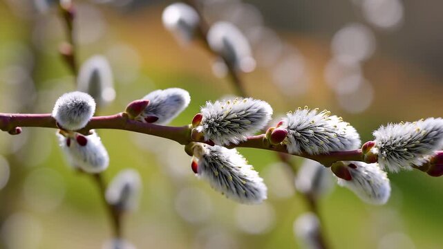 Close-up of fuzzy pussy willow catkins on a spring branch