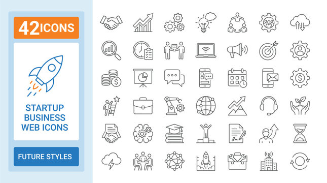 Startup business web icons with a rocket launch and growth charts on a light background