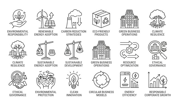 Corporate Sustainability Outline Icons Featuring Environmental Responsibility and Green Business Concepts