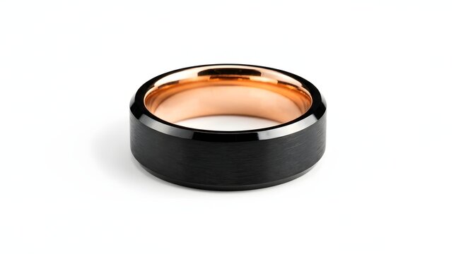Modern black tungsten wedding band featuring a brushed matte finish and polished rose gold interior with beveled edges and a flat profile, isolated on a white background.