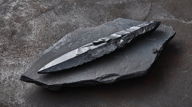 Ancient sharp stone dagger resting on a rough slate slab surface representing primitive tool craftsmanship from the prehistoric era of human history