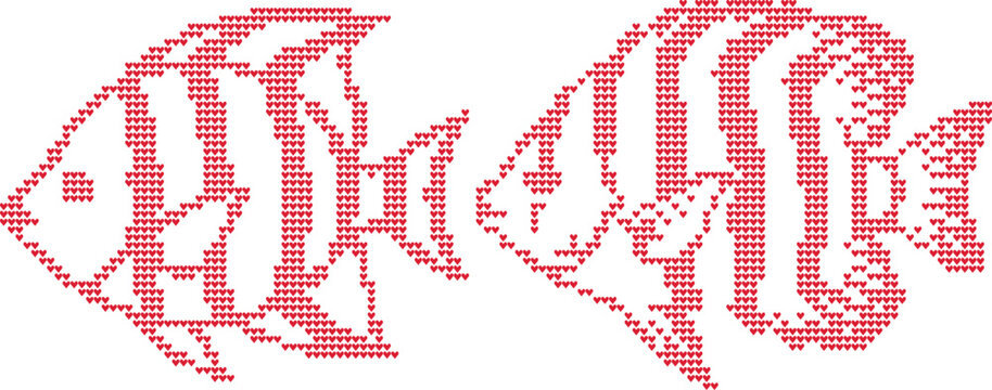 Red fish knitting pattern heart stitch marine design
