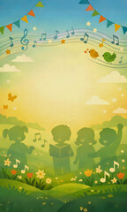 Obraz premium Whimsical illustration of children singing in a flowery meadow with musical notes and colorful bunting