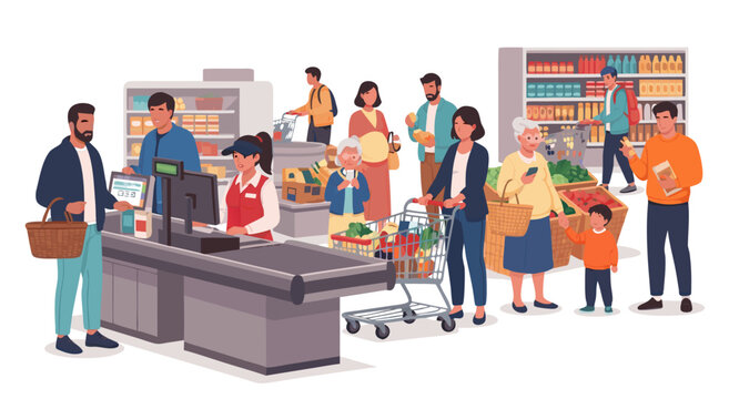 People shopping at supermarket checkout vector illustration featuring diverse customers and clerk in a grocery store queue 37