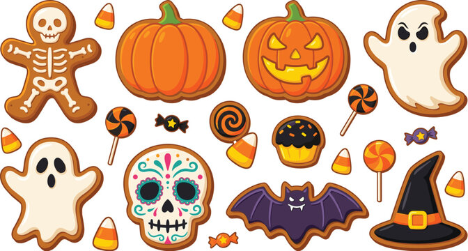 Cute Halloween cookie collection featuring ghost, pumpkin, skeleton, bat, witch hat, candy corn and sweets isolated vector illustration set