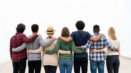 Fototapeta premium Diverse Group of Seven Friends Hugging from Behind Against White Background