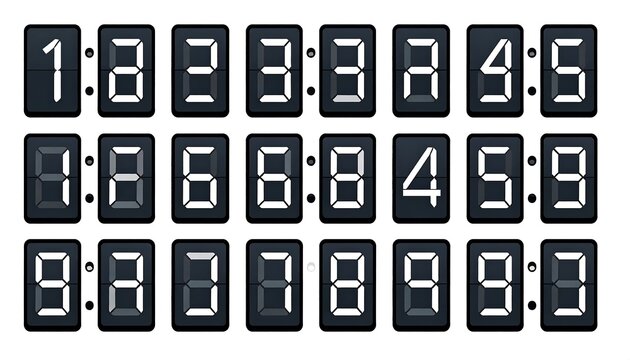 A collection of 20 black digital clock displays with white numbers