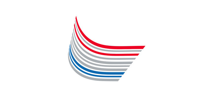 Abstract curved red and blue parallel lines.